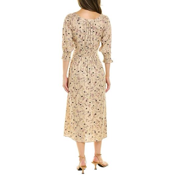 ba&sh Maya Beige Floral Print Square Neck 3/4 Sleeve Button Midi A-Line Dress S - Picture 2 of 7